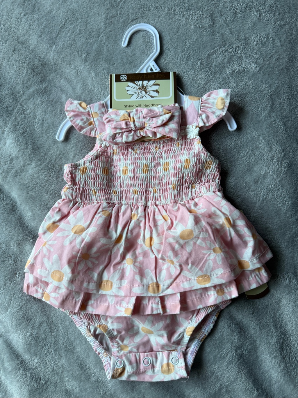 Pink Daisy Smocked Baby Romper With Matching Headband